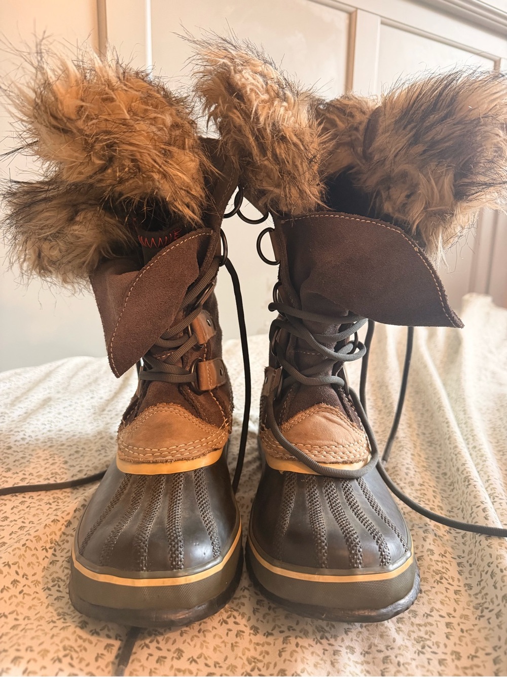 Sorel Brown and Tan Fur-Trim Lace-Up Winter Rain Boots